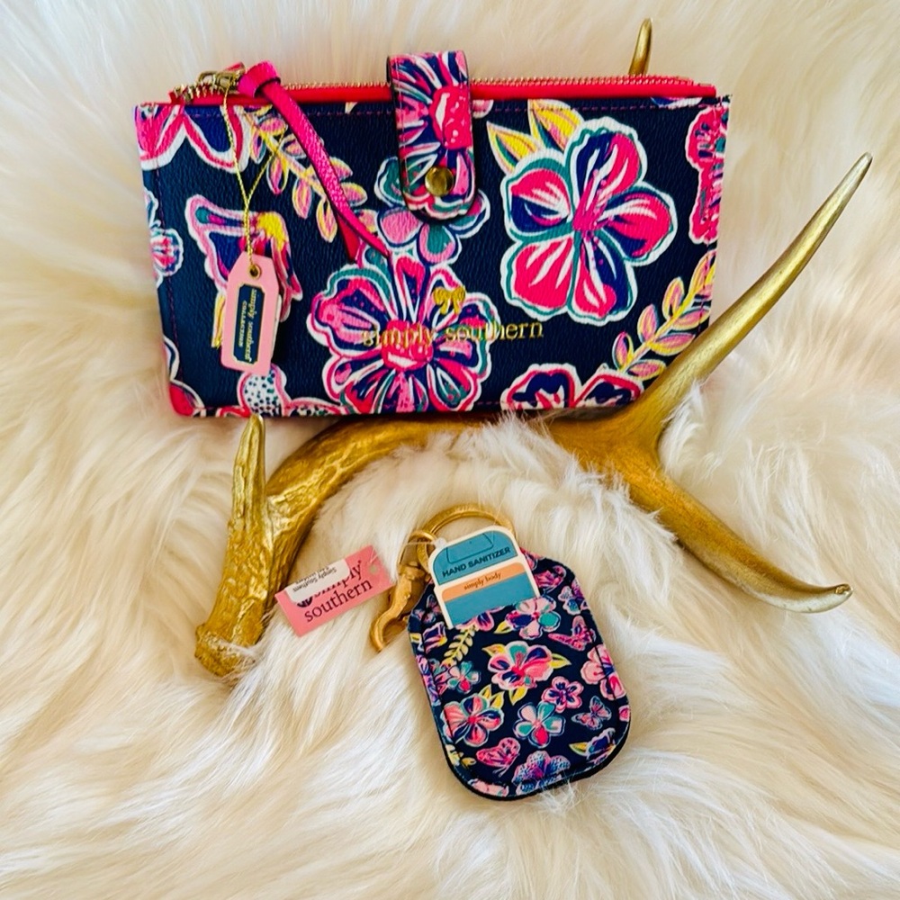 Simply Southern Pink and Blue Floral Wallet  and key ring Set